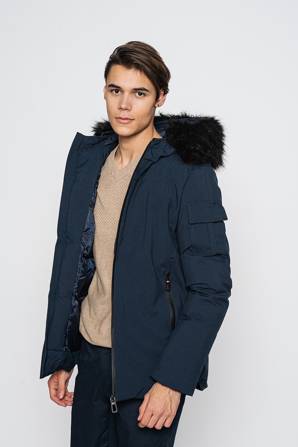 Geographical Norway, Geaca cu gluga de blana sintetica Direct, Bleumarin