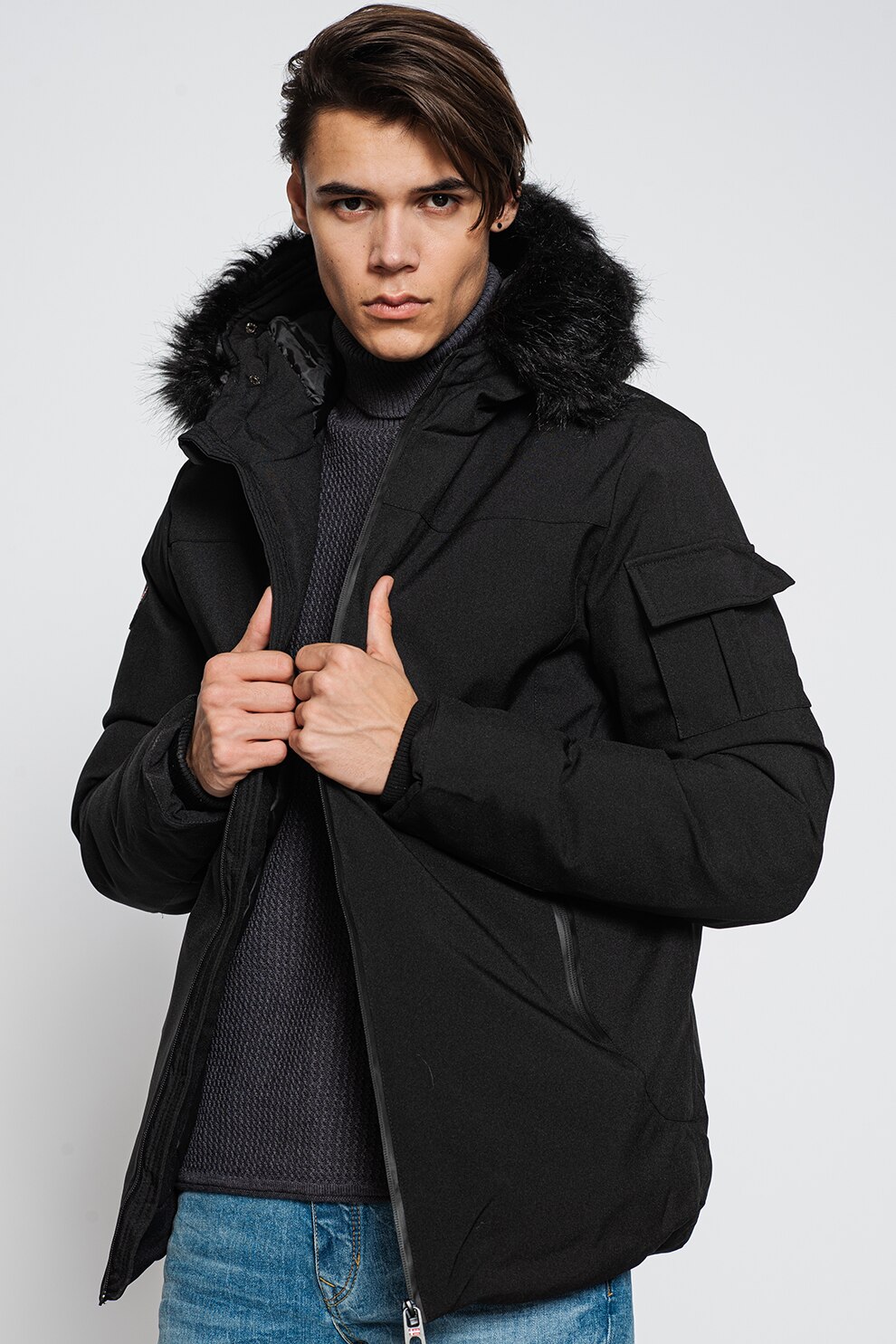 Geographical Norway, Geaca cu gluga de blana sintetica Direct, Negru
