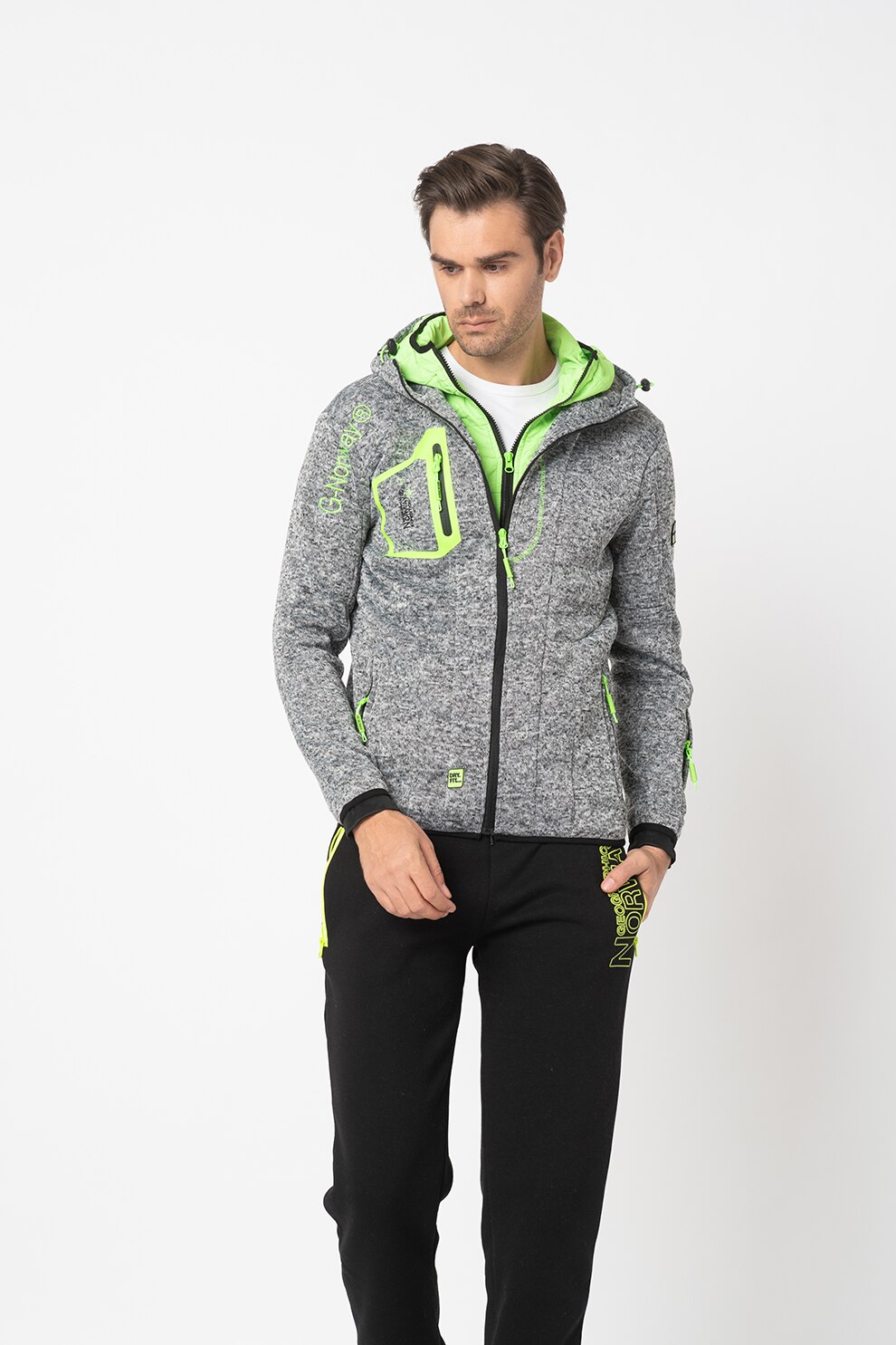 Geographical Norway, Hanorac tricotat cu garnituri matlasate Usidor, Gri melange