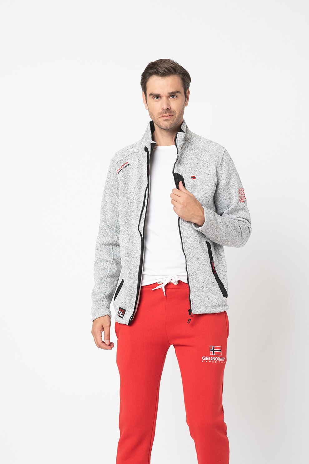 Geographical Norway, Cardigan cu fermoar si logo brodat Trampoline, Gri melange
