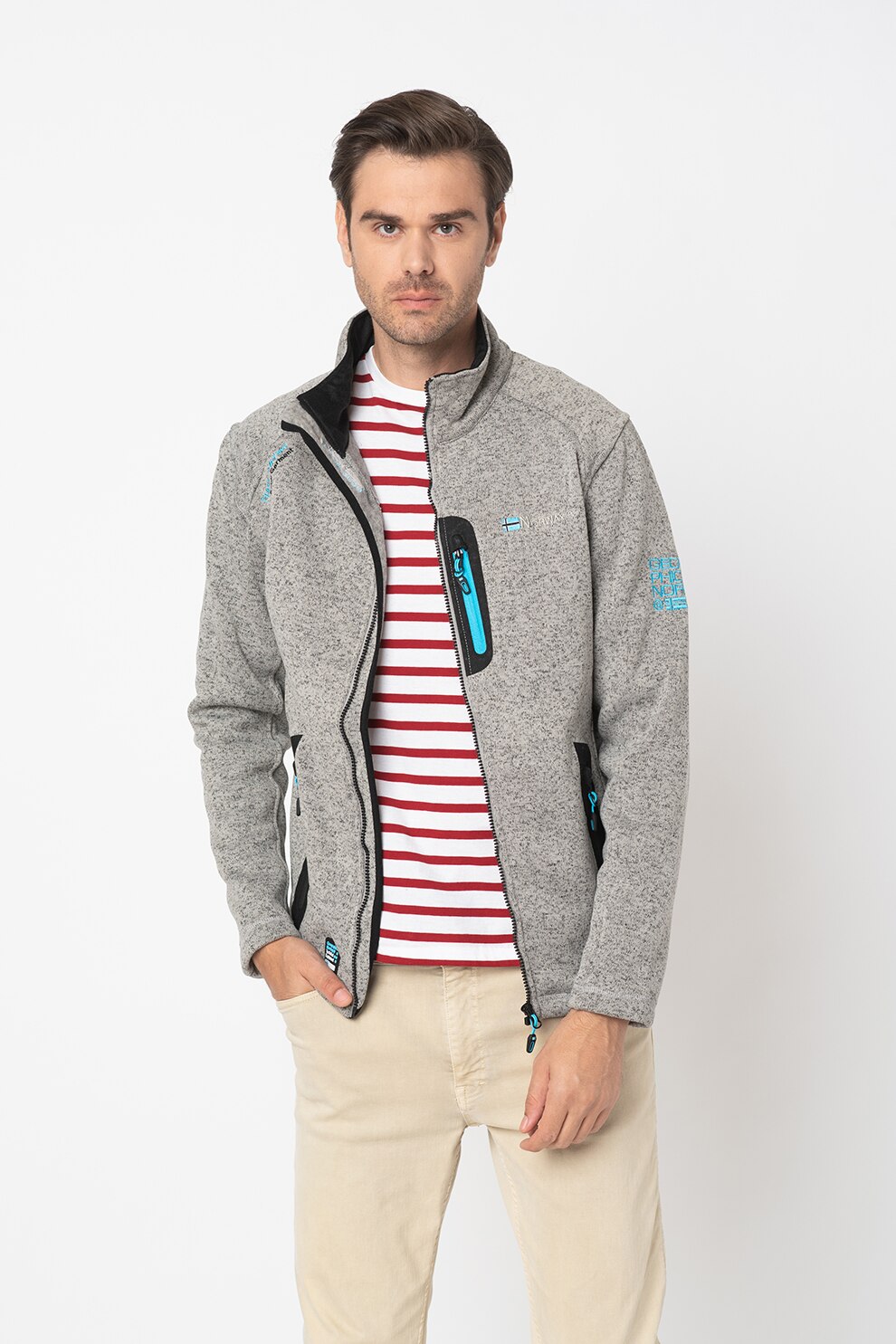 Geographical Norway, Cardigan cu fermoar si logo brodat Trampoline, Gri melange