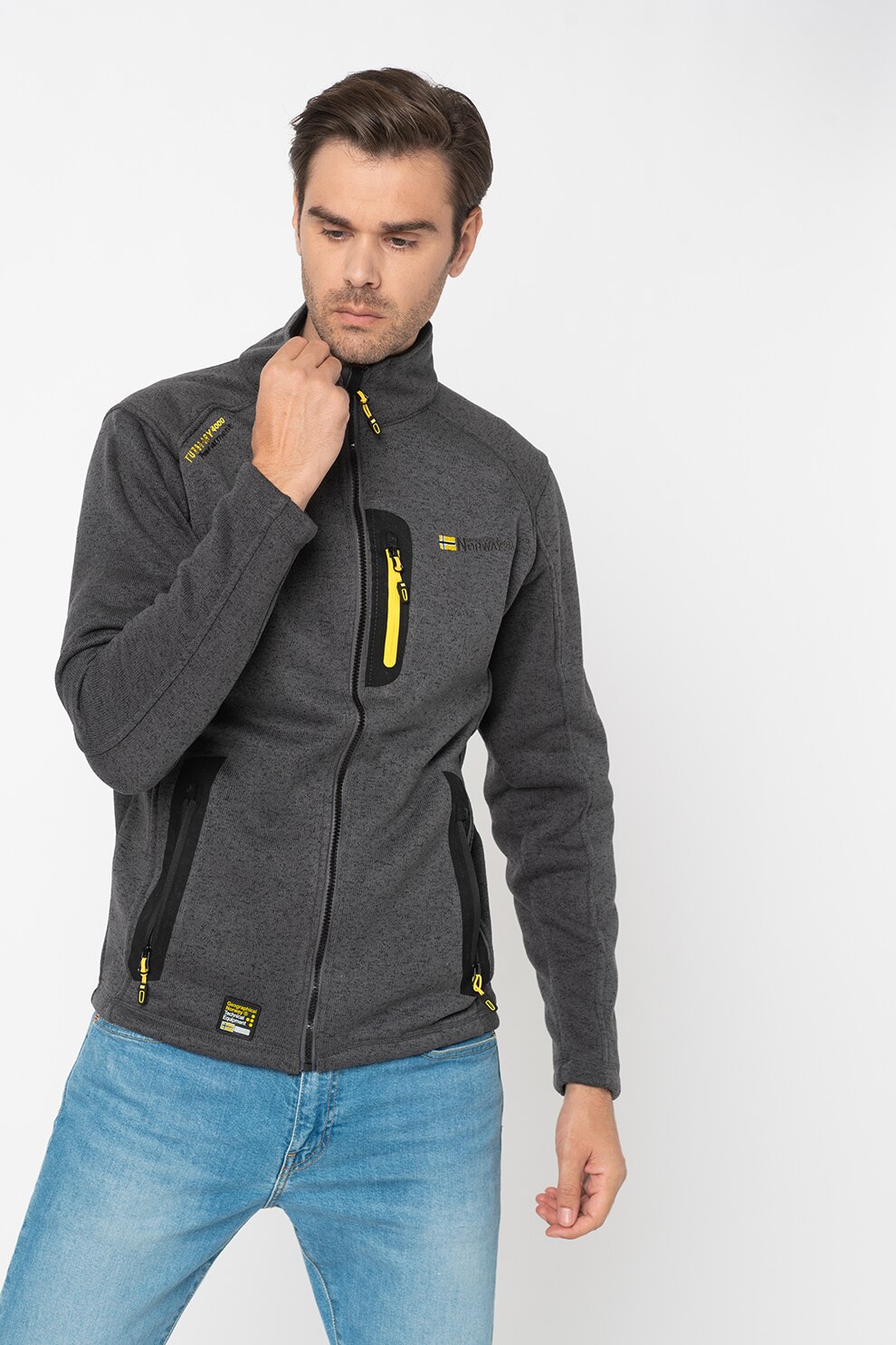 Geographical Norway, Cardigan cu fermoar si logo brodat Trampoline, Gri inchis