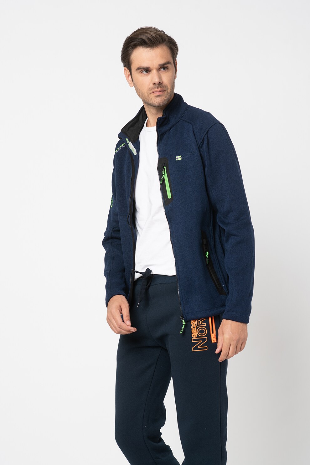 Geographical Norway, Cardigan cu fermoar si logo brodat Trampoline, Bleumarin