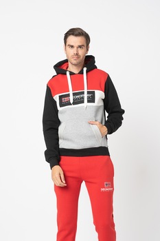 Geo Norway, Hanorac cu model colorblock si imprimeu logo Golem, Negru/Alb/Rosu Geo Norway, Hanorac cu model colorblock si imprimeu logo Golem, Negru/Alb/Rosu