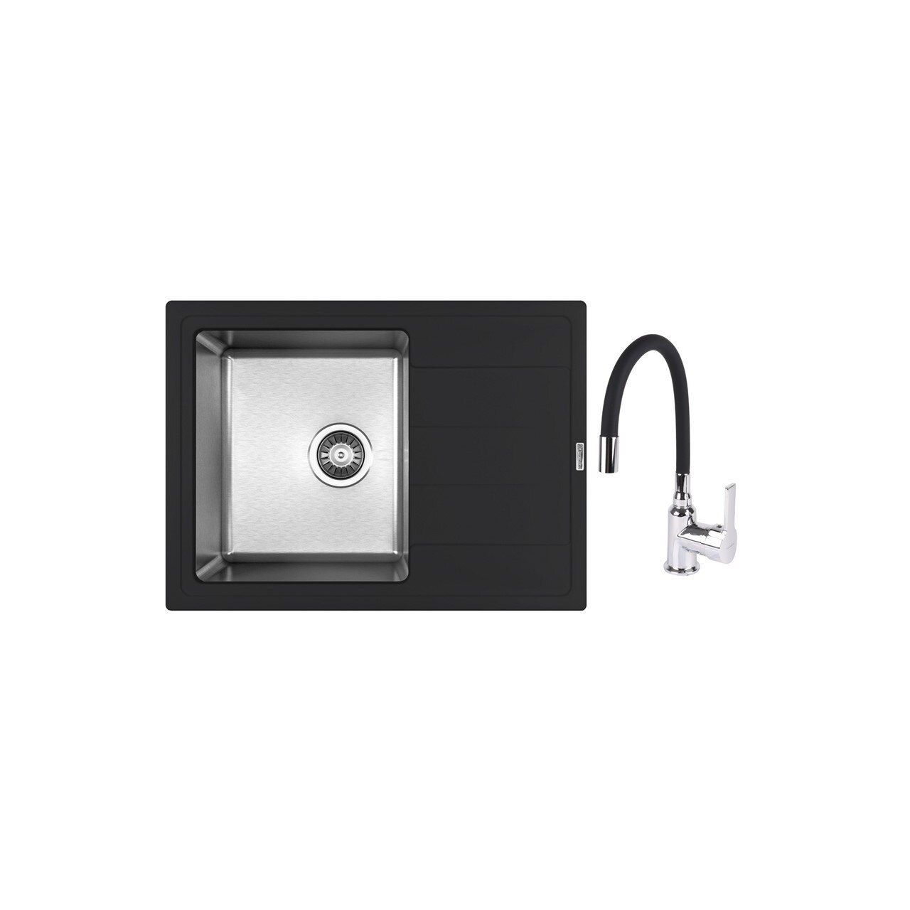 Set chiuveta quartz/inox 650x480x230 mm, adancime cuva 230 mm si Baterie SanDonna F 995 cu pipa flexibila, aerator si cartus ceramic, antracit/negru