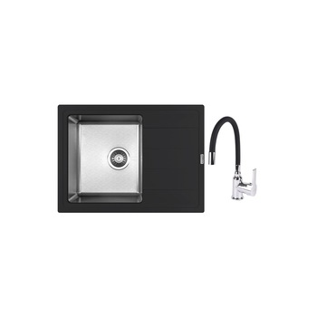 Set chiuveta quartz/inox 650x480x230 mm, adancime cuva 230 mm si Baterie SanDonna F 995 cu pipa flexibila, aerator si cartus ceramic, antracit/negru Set chiuveta quartz/inox 650x480x230 mm, adancime cuva 230 mm si Baterie SanDonna F 995 cu pipa flexibila, aerator si cartus ceramic, antracit/negru