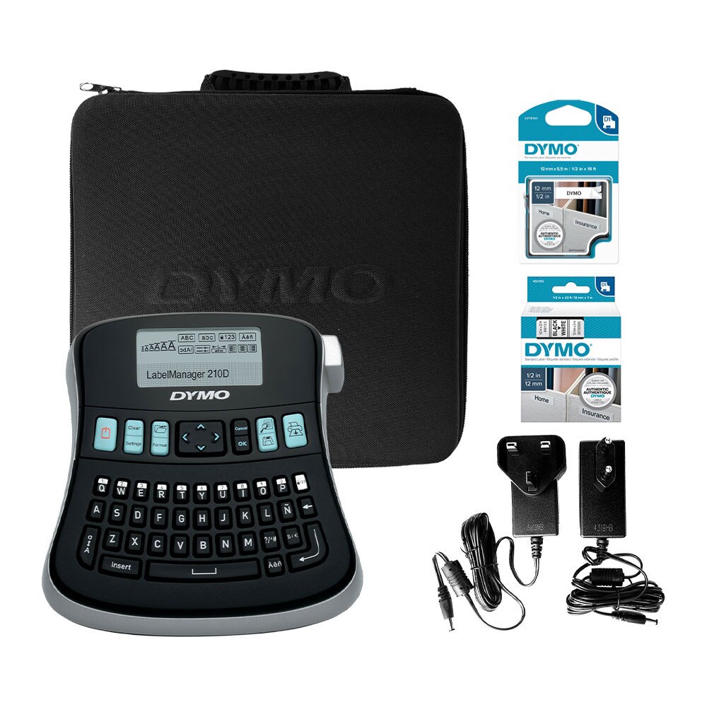 Aparat de etichetat (imprimanta etichete) DYMO LabelManager 210D Kit, QWERTY, include 2 adaptoarea la 230V si 1 caseta Dymo Labelmanager poliester 12mm x 5.5m, 2094492, 16959