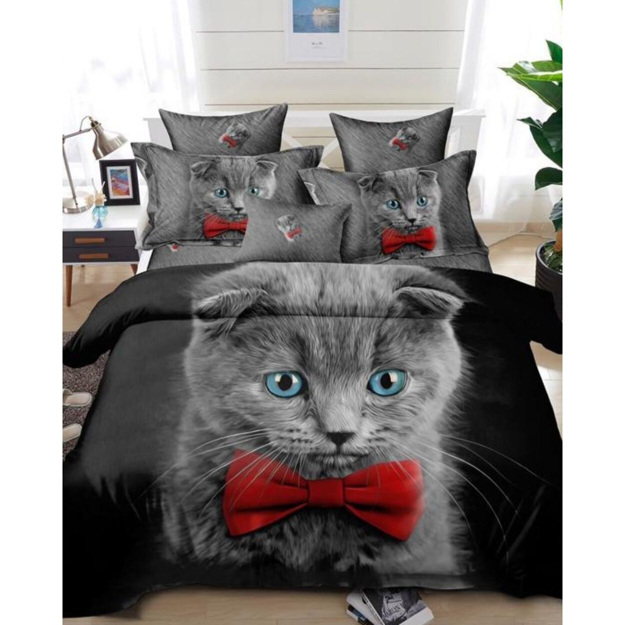 Set Lenjerie Bumbac Finet cu 2 Fete, 6 Piese, Pat 2 Persoane, Grey Cat