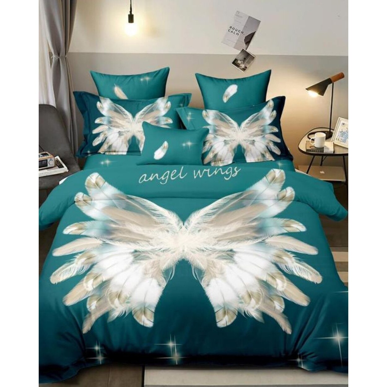 Set Lenjerie Bumbac Finet cu 2 Fete, 6 Piese, Pat 2 Persoane, Angel Wings