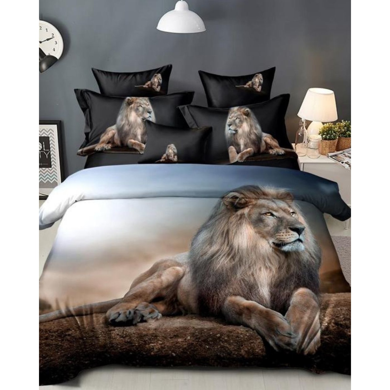 Set Lenjerie Bumbac Finet cu 2 Fete, 6 Piese, Pat 2 Persoane, Lion