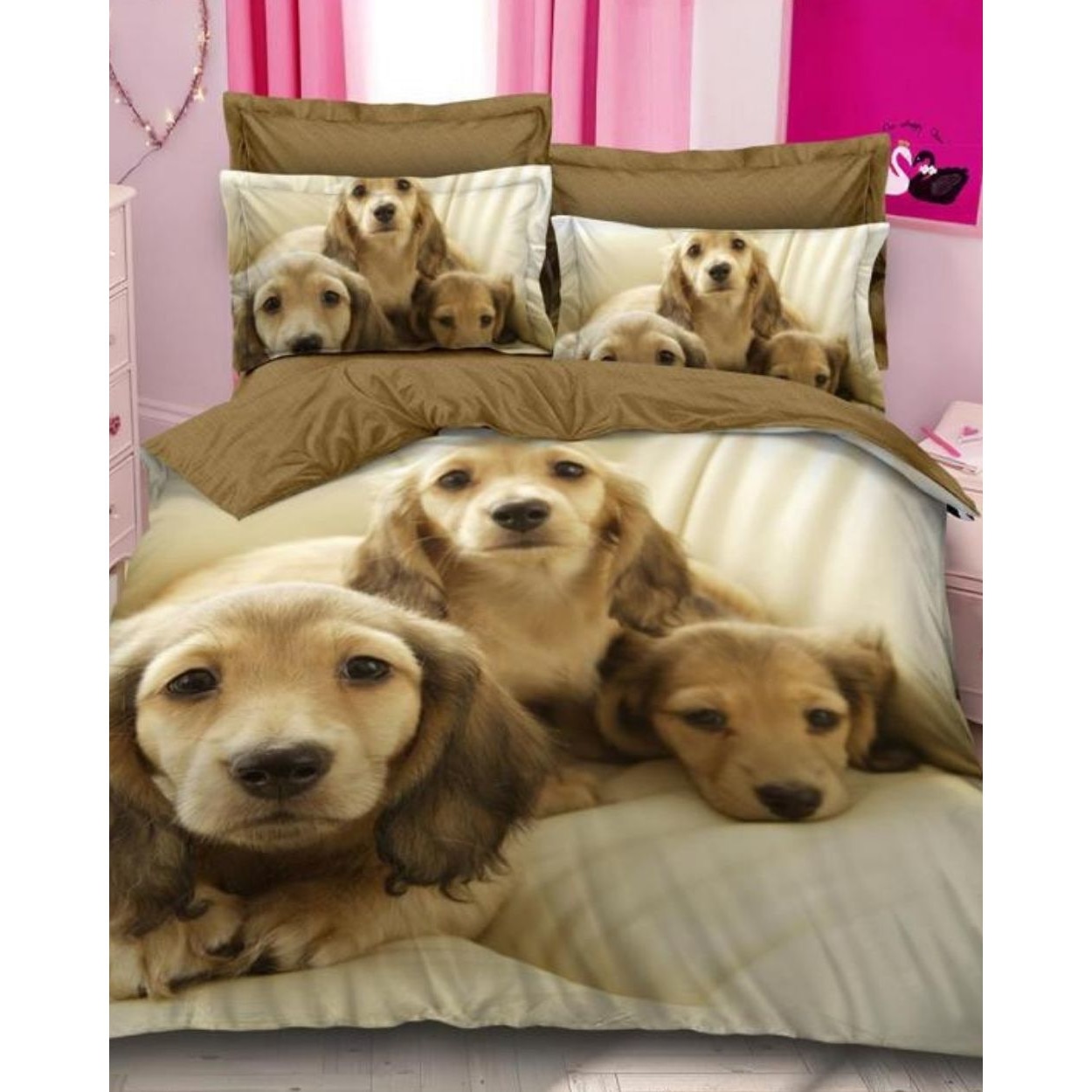 Set Lenjerie Bumbac Finet cu 2 Fete, 6 Piese, Pat 2 Persoane, Dog Family
