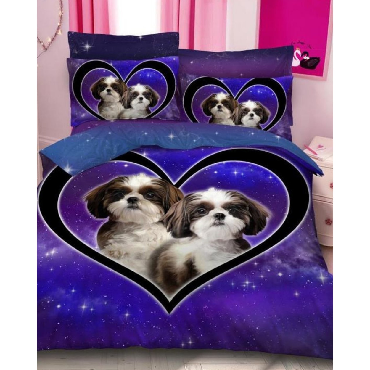 Set Lenjerie Bumbac Finet cu 2 Fete, 6 Piese, Pat 2 Persoane, Puppies