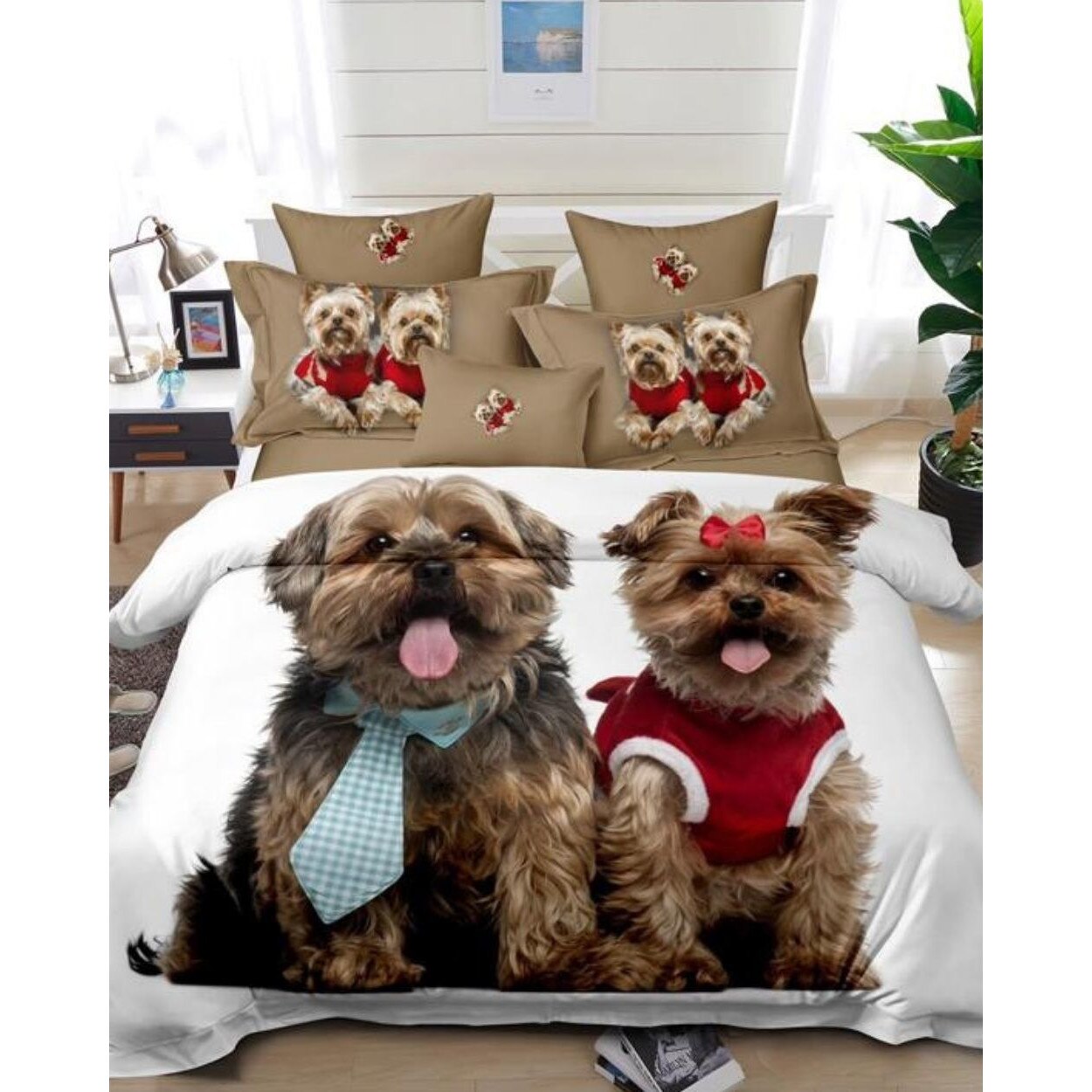 Set Lenjerie Bumbac Finet cu 2 Fete, 6 Piese, Pat 2 Persoane, Cute Dogs