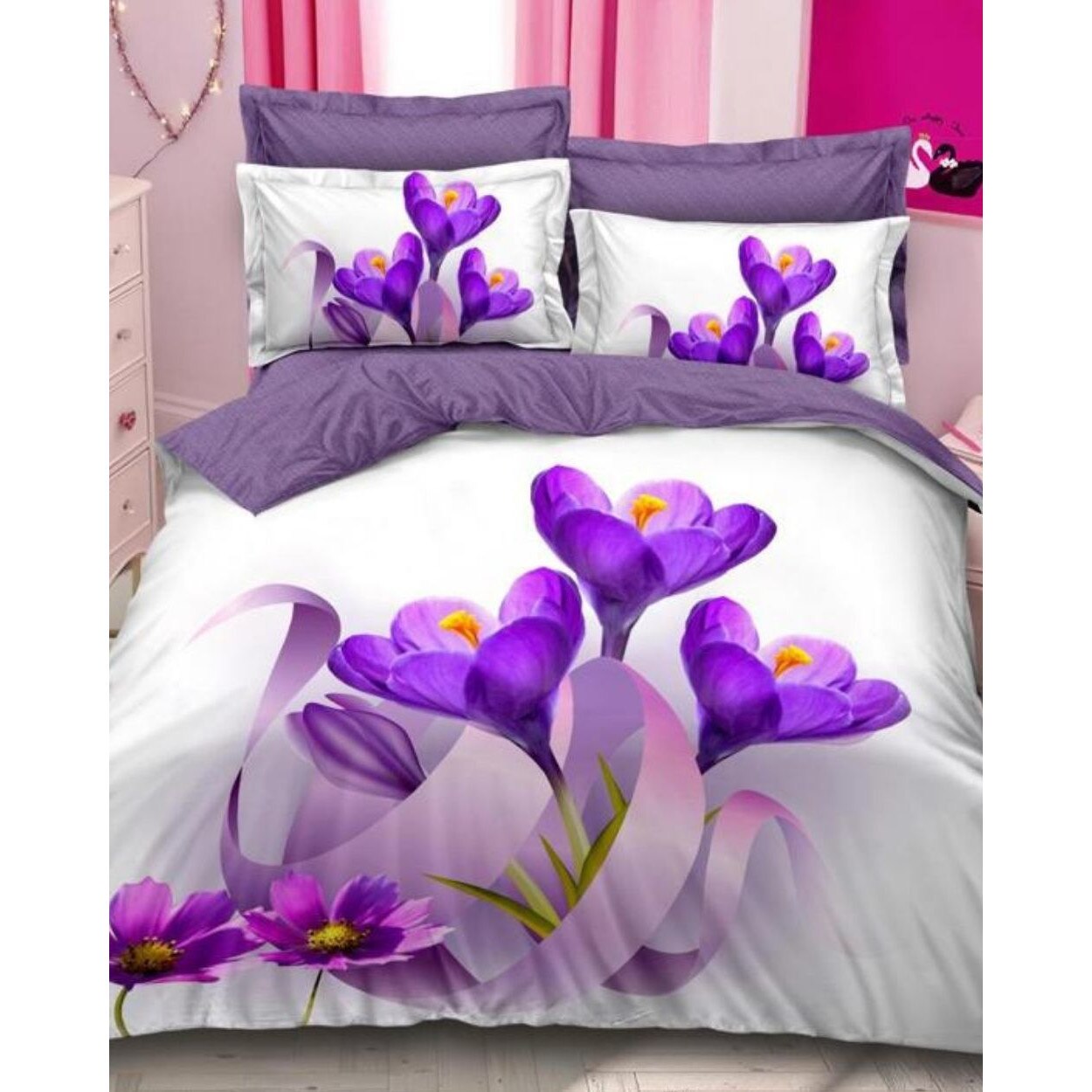 Set Lenjerie Bumbac Finet cu 2 Fete, 6 Piese, Pat 2 Persoane, Purple Flowers