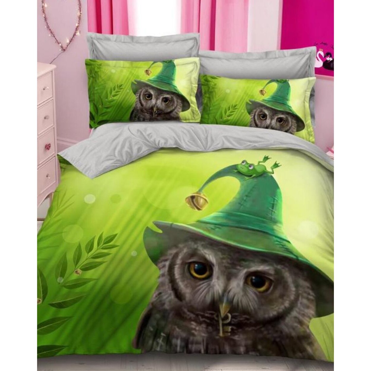 Set Lenjerie Bumbac Finet cu 2 Fete, 6 Piese, Pat 2 Persoane, Witch Owl