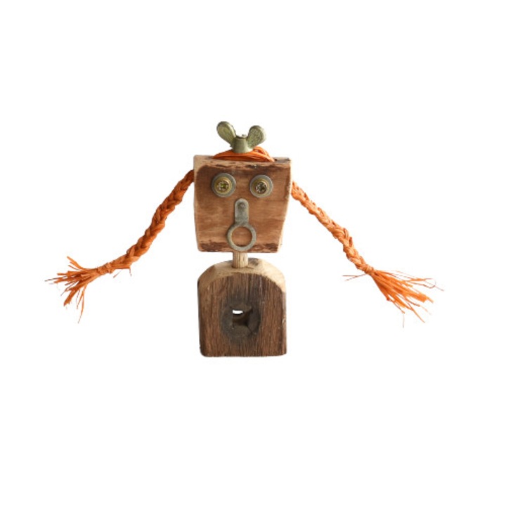 Obiect decorativ, robot, din lemn reciclat, oranj