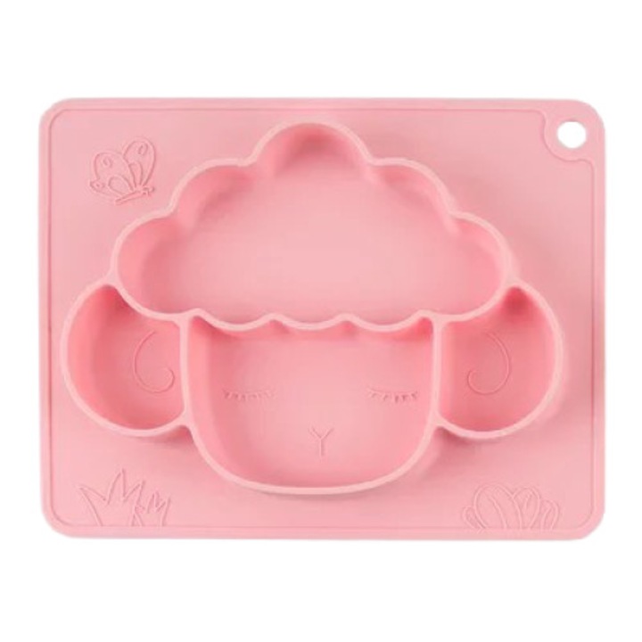 OEM baba rekeszes tányér, szilikonból, báránybőr modell, ragasztótálcával, rózsaszín