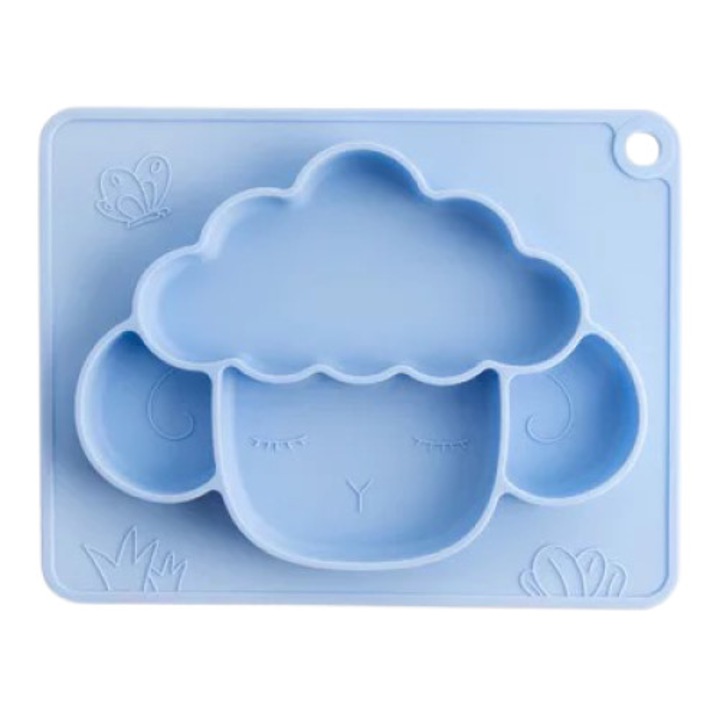 OEM baba rekeszes tányér, szilikonból, bárány modell, ragasztótálcával, kék