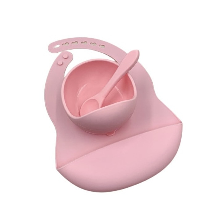 OEM szilikon etetőkészlet, előke, tapadókorongos tál, puha szilikon teáskanál, rózsaszín