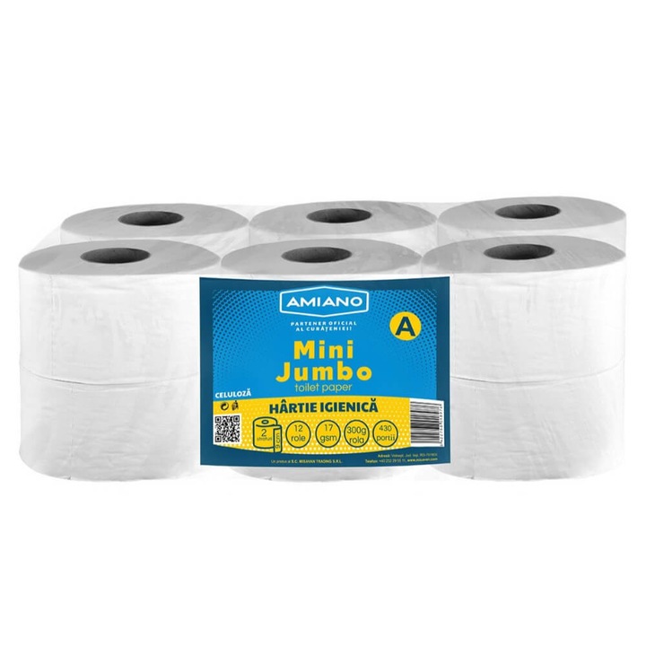 Hartie Igienica Mini Jumbo Amiano, 12Role/Set, 2 Straturi, Culoare Natur