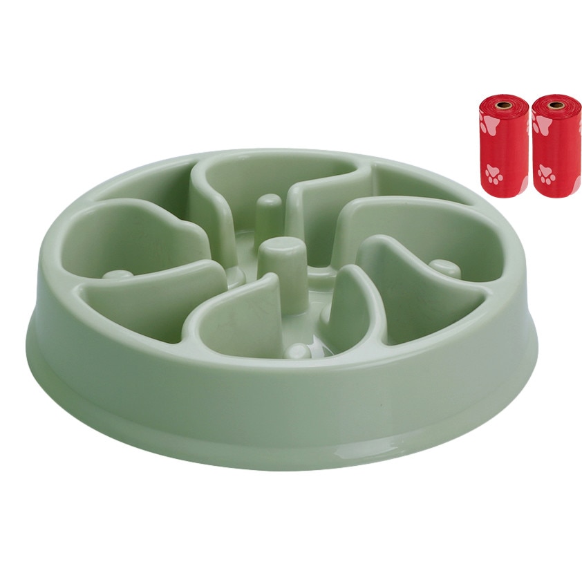 Set Castron Hranire Lenta Caini FizioTab® si 2 Pungi Igienice, pentru Prevenirea Indigestiei, Antiderapant, Trifoi Verde