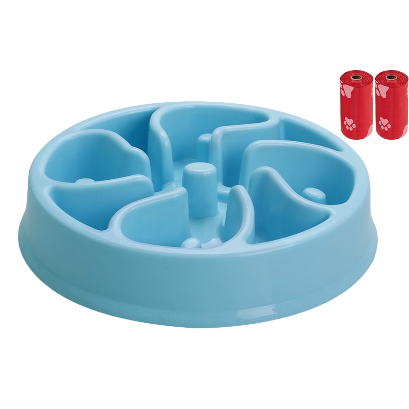 Set Castron Hranire Lenta Caini FizioTab® si 2 Pungi Igienice, pentru Prevenirea Indigestiei, Antiderapant, Trifoi, Albastru