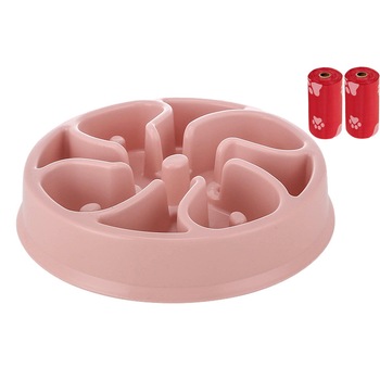 Set Castron Hranire Lenta Caini FizioTab® si 2 Pungi Igienice, pentru Prevenirea Indigestiei, Antiderapant, Trifoi Roz Set Castron Hranire Lenta Caini FizioTab® si 2 Pungi Igienice, pentru Prevenirea Indigestiei, Antiderapant, Trifoi Roz