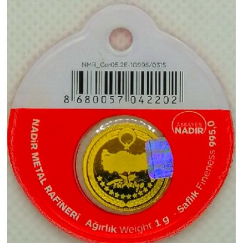 Moneda din Aur, Turcia 24 K, 1 G, puritate 995 % rosie