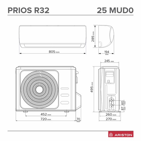 Aparat de aer conditionat Ariston PRIOS 25 Wi-Fi, 9000 BTU, Clasa A++, Functie incalzire, 2D Inverter, Follow me, R32, Alb