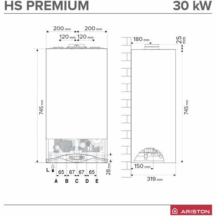 Centrala murala in condensare Ariston HS PREMIUM 30 EU2, 30 kw, gaz natural, conversie GPL, amortizor de zgomot, afisaj LCD