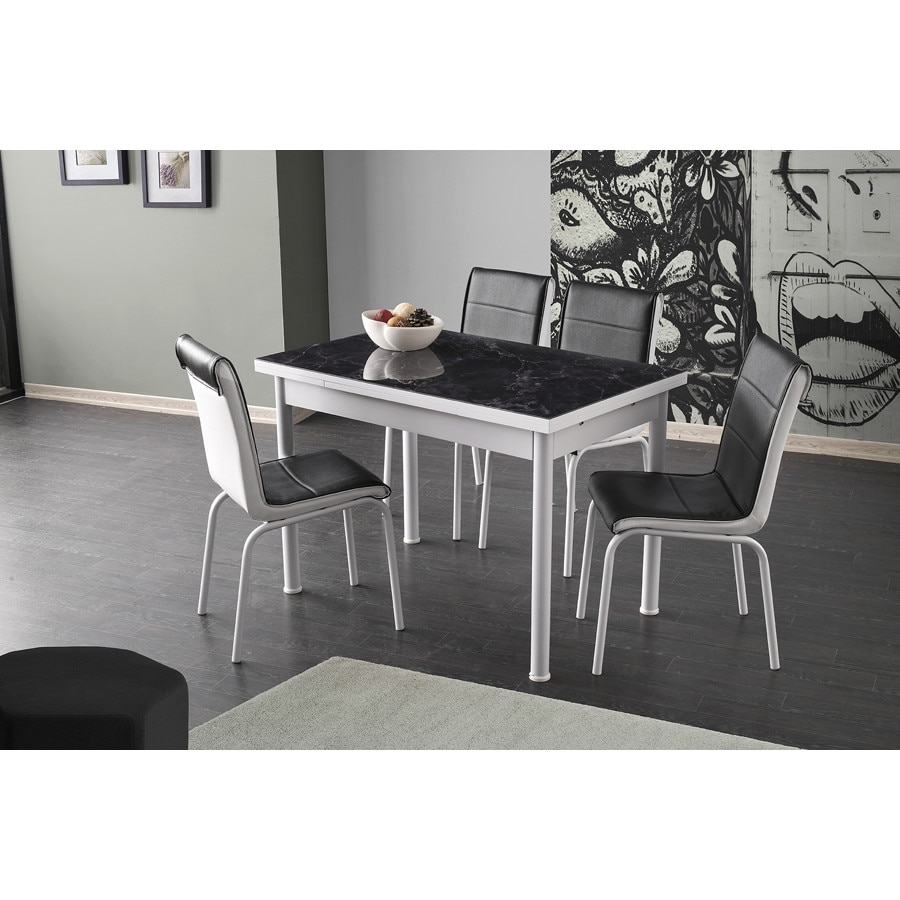 Set masa extensibila din MDF acoperit cu sticla , cu 4 scaune din piele ecologica model negru marmorat