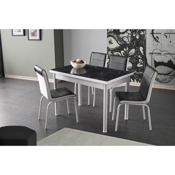 Set masa extensibila din MDF acoperit cu sticla , cu 4 scaune din piele ecologica model negru marmorat Set masa extensibila din MDF acoperit cu sticla , cu 4 scaune din piele ecologica model negru marmorat