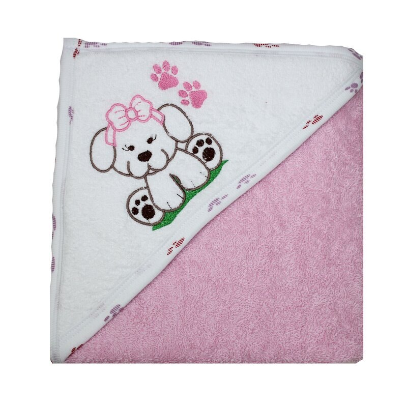 Prosop de baie cu gluga, catelus cu fundita, roz 80 x 100 cm