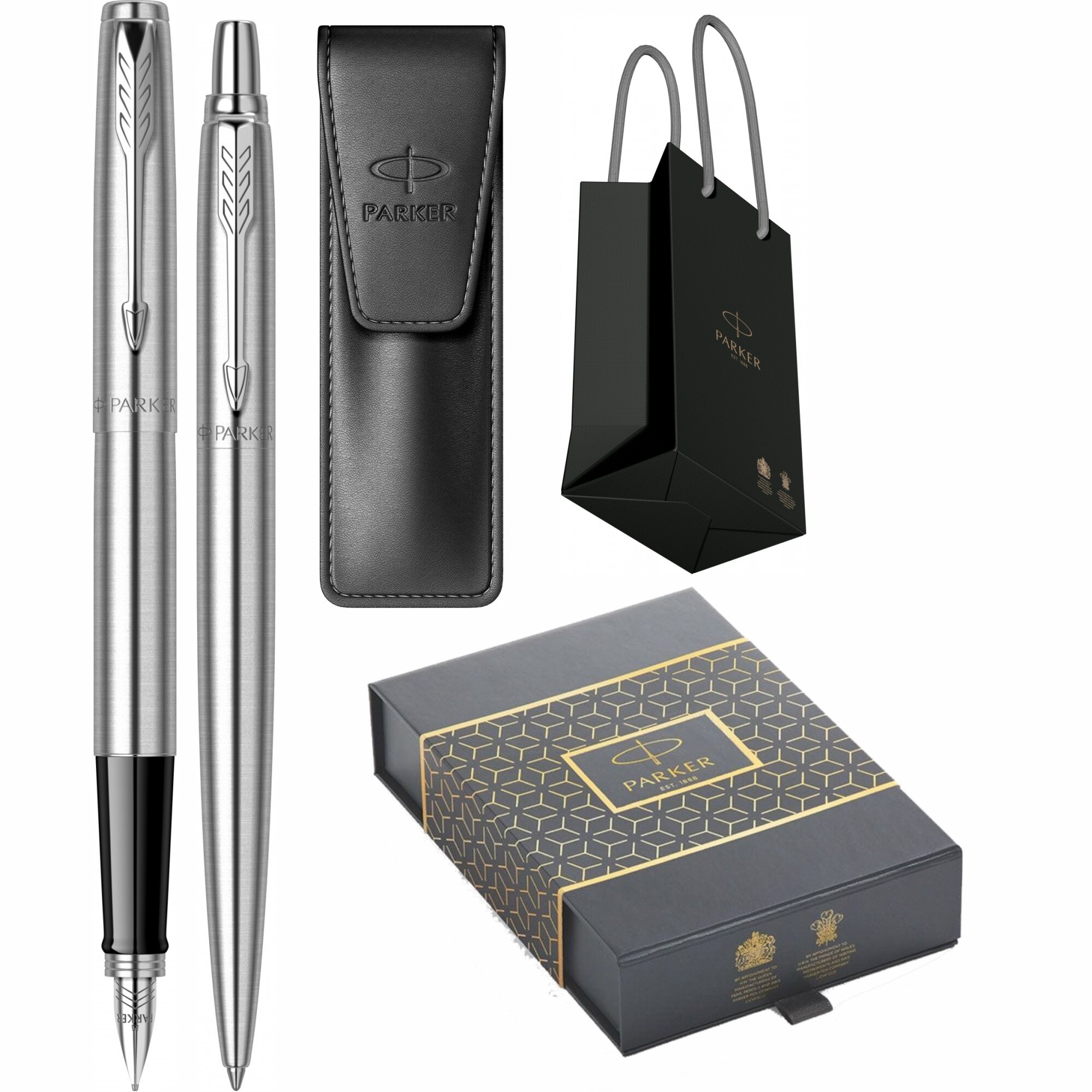 Set Personalizat prin Gravura Laser Parker Stilou Pix Jotter Royal Stainless Steel CT in cutie duo cu etui Leather Black si punga