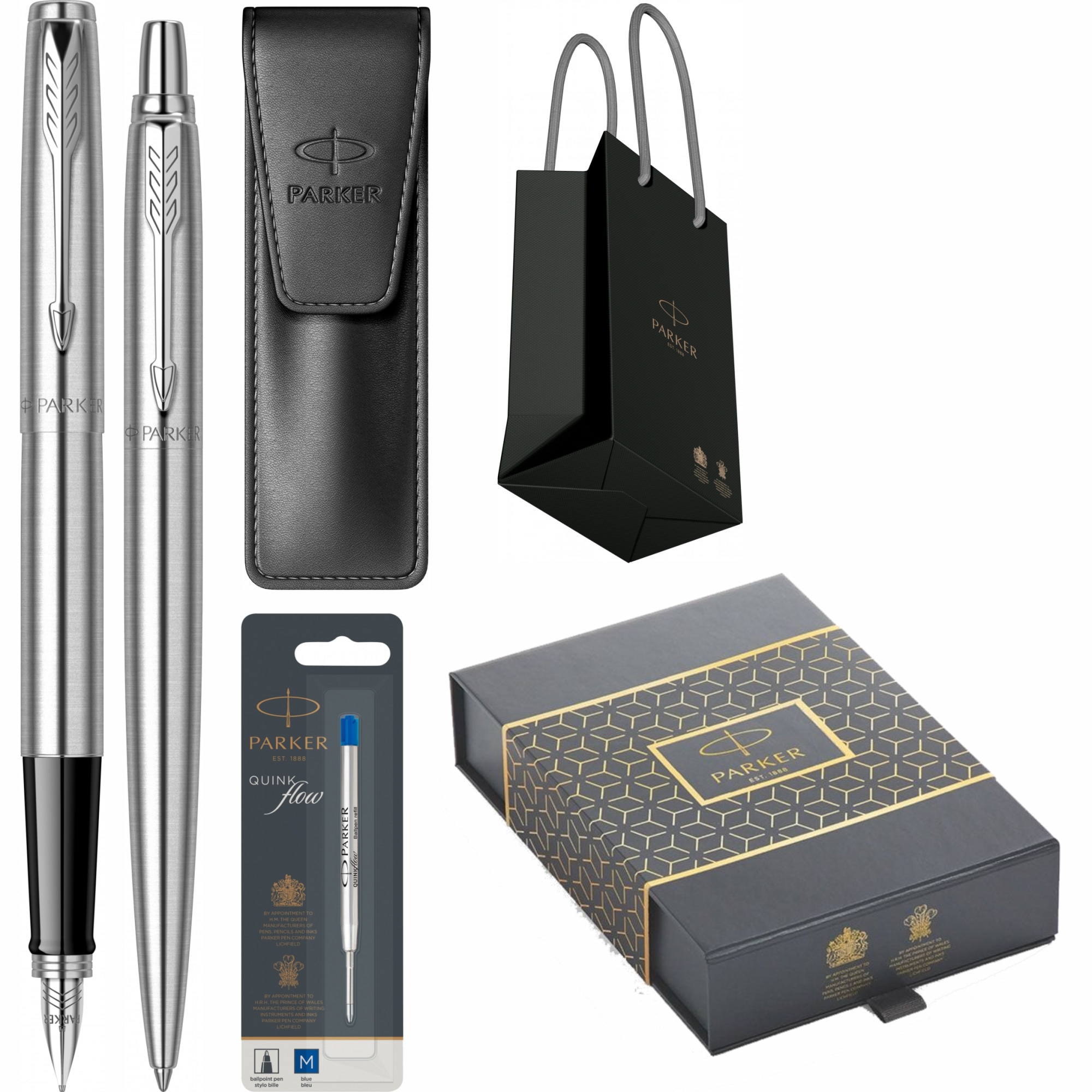 Set Personalizat prin Gravura Laser Parker Stilou Pix Jotter Royal Stainless Steel CT in cutie duo, cu etui Leather Black, mina rezerva pix si punga