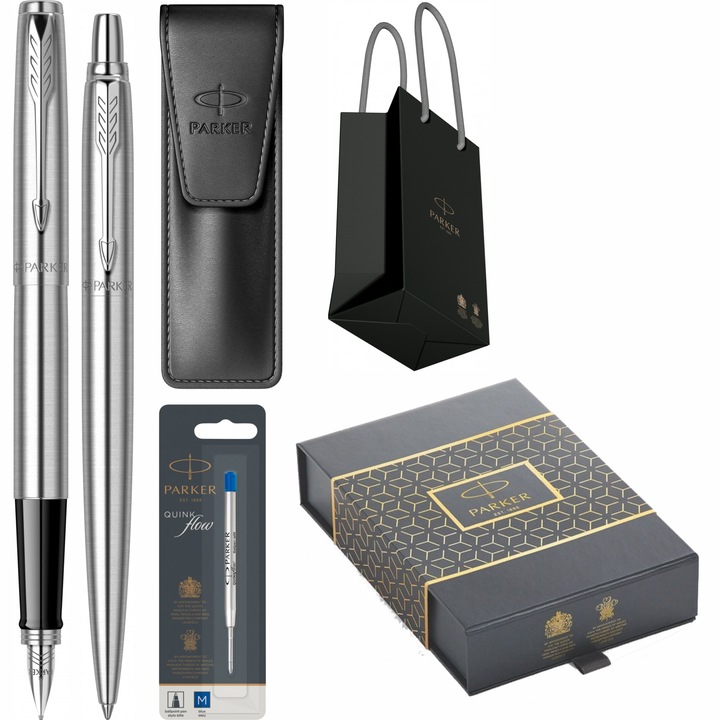 Set Parker Stilou Pix Jotter Royal Stainless Steel CT cu gravura laser inclusa, cutie duo, cu etui Leather Black, mina rezerva pix si punga