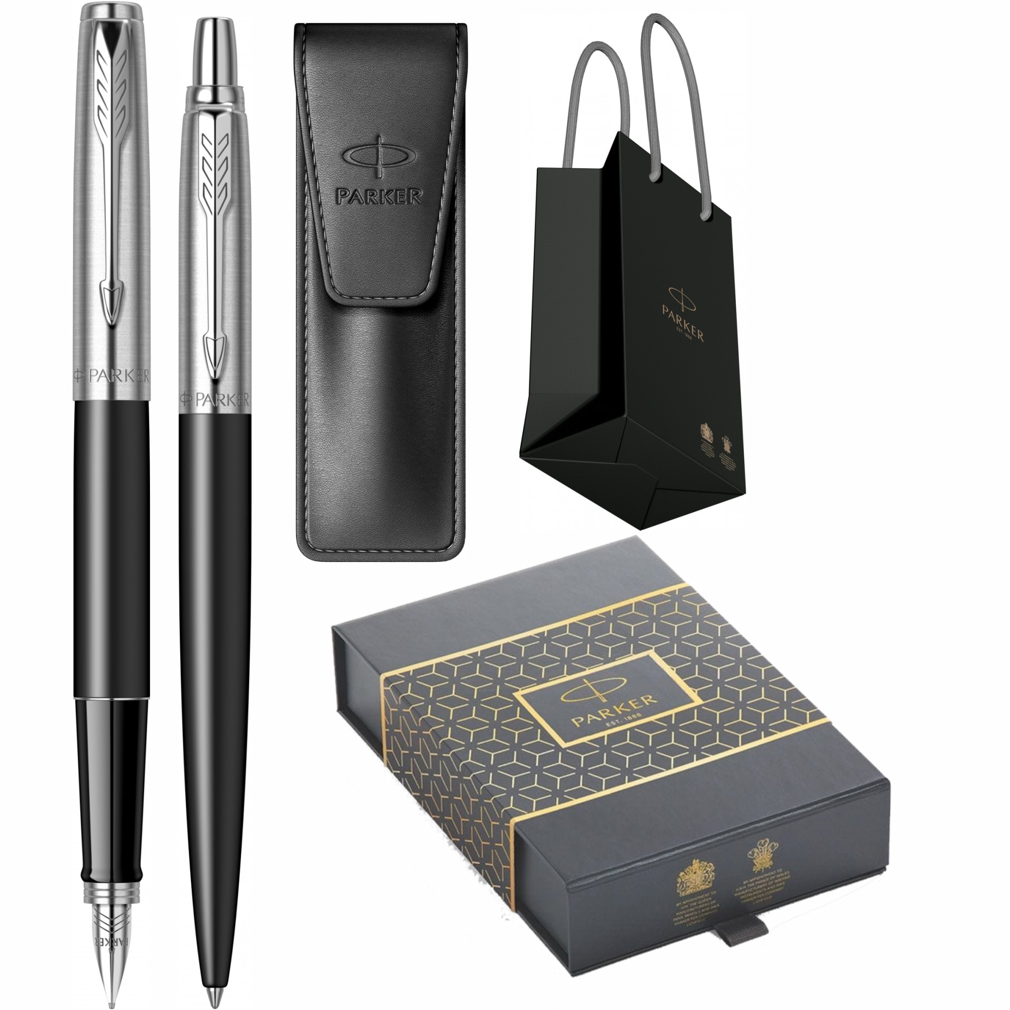 Set Personalizat prin Gravura Laser Parker Stilou Pix Jotter Royal Bond Street Black CT in cutie duo cu etui Leather Black si punga