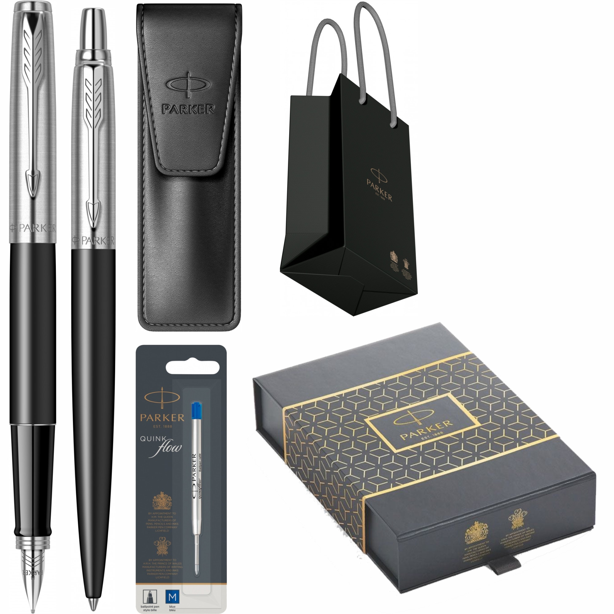 Set Personalizat prin Gravura Laser Parker Stilou Pix Jotter Royal Bond Street Black CT in cutie duo, cu etui Leather Black, mina rezerva pix si punga