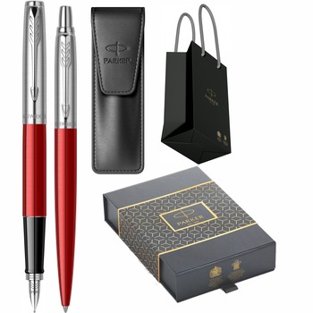Set Personalizat prin Gravura Laser Parker Stilou Pix Jotter Royal Kensington Red CT in cutie duo cu etui Leather Black si punga Set Personalizat prin Gravura Laser Parker Stilou Pix Jotter Royal Kensington Red CT in cutie duo cu etui Leather Black si punga