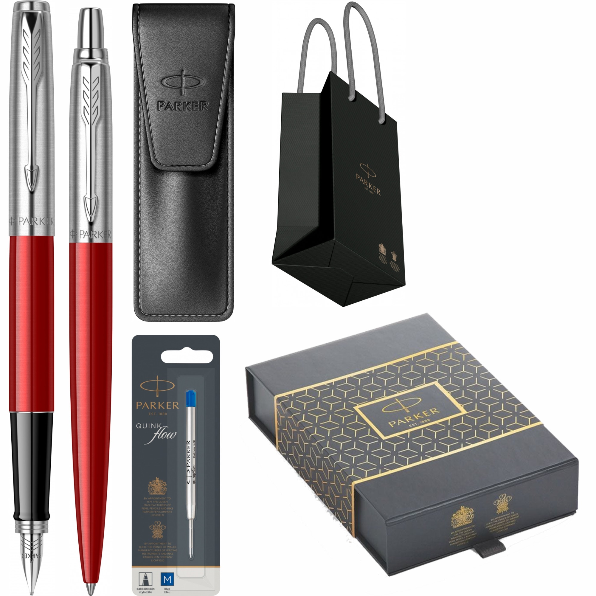 Set Personalizat prin Gravura Laser Parker Stilou Pix Jotter Royal Kensington Red CT in cutie duo, cu etui Leather Black, mina rezerva pix si punga