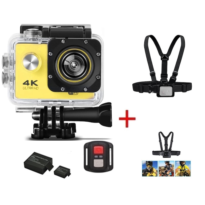 1Tech XMART H163CR Sports Action Camera Kit, UHD, Két elem, Mellre rögzíthető, 170 fokos, Wi-Fi, HDMI, Micro USB, Vízálló, Tartozékok, Kézi távirányító, Sárga
