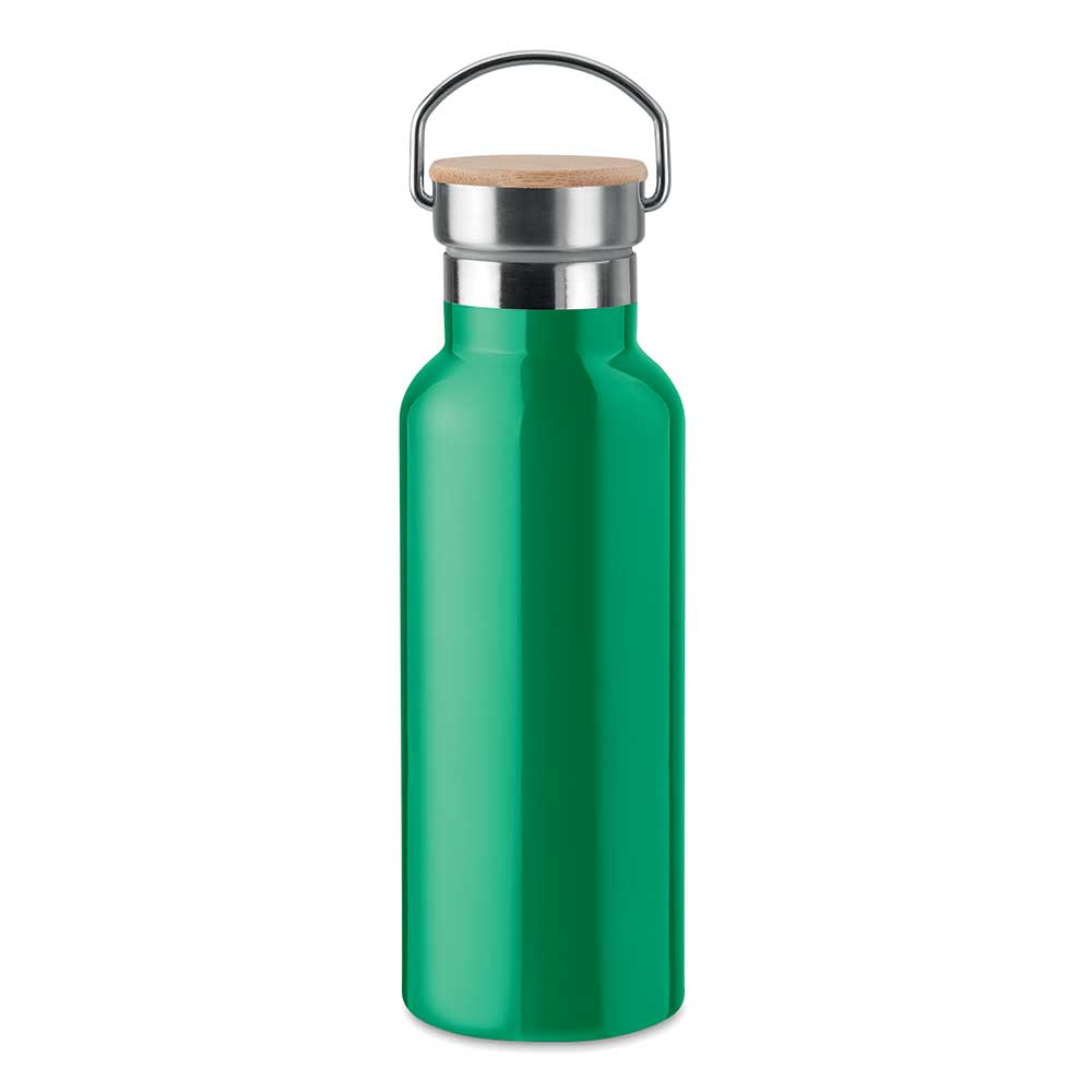 Termos din inox cu perete dublu, verde, 500 ml, capac din bambus, Piksel, suport din lemn inclus
