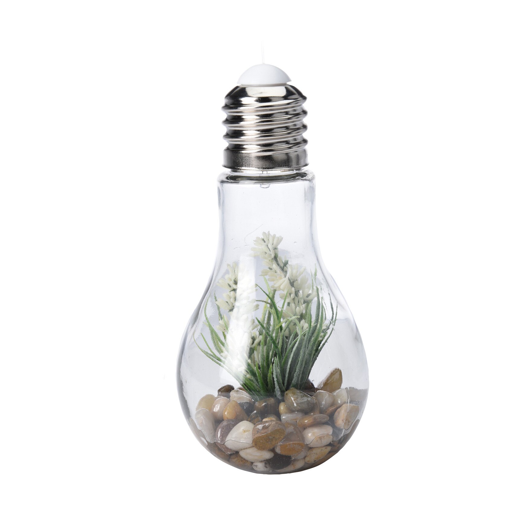 Felinar forma bec, cu planta alba decorativa in interior si LED, 9x19 cm