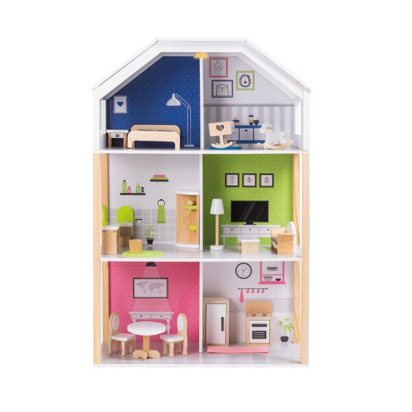 Casuta de papusi 2 in 1, Eurekakids, Lemn, Multicolor, 90x61x33 cm