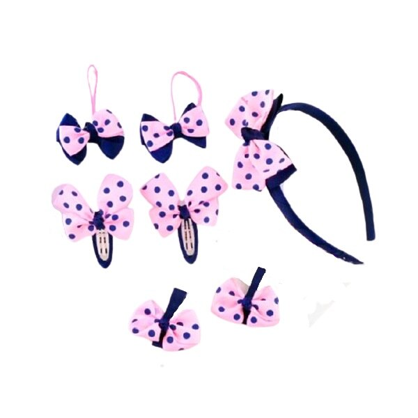 Set 7 bucati 1 bentita 2 clame 2 clipsuri 2 elastice albastru/roz buline