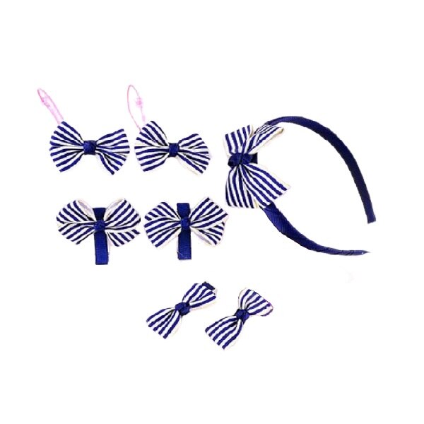 Set 7 bucati 1 bentita 2 clame 2 clipsuri 2 elastice albastru/crem dungi