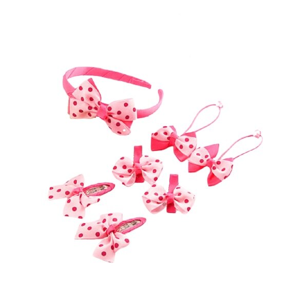 Set 7 bucati 1 bentita 2 clame 2 clipsuri 2 elastice roz bulinei