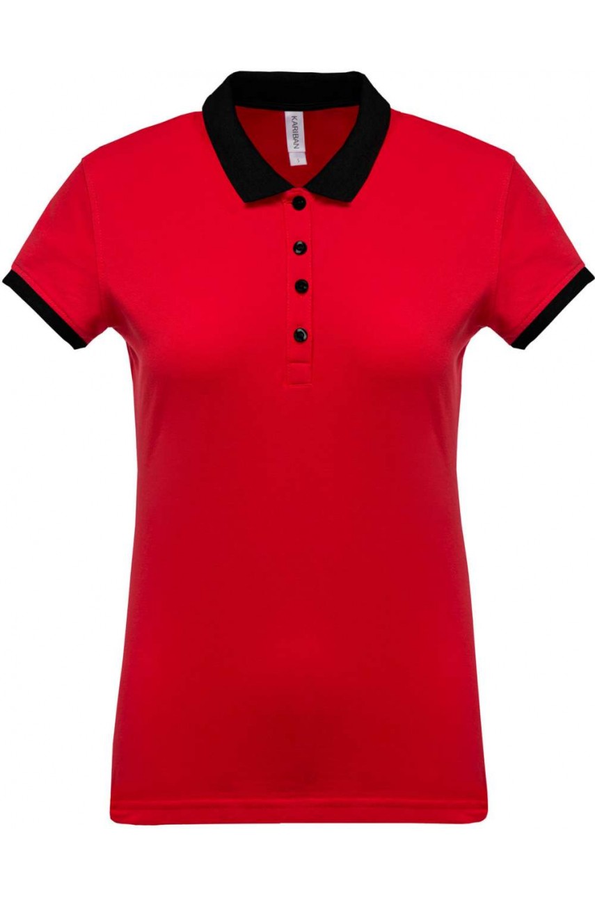 Tricou polo femei, bumbac 100%, Kariban KA259, Rosu/Negru