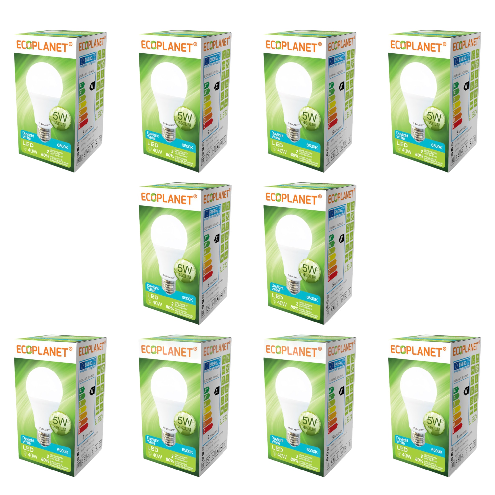 Set 10 buc - Bec LED Ecoplanet, E27, 5W (40W), 450 LM, F, lumina rece 6500K, Mat