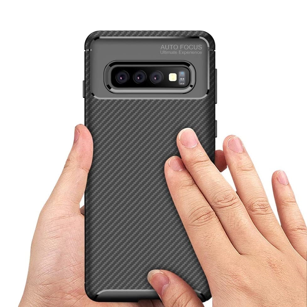 Husa antisoc compatibila cu Samsung Galaxy S10 Plus, stil carbon, ultra slim, Negru, fashion look